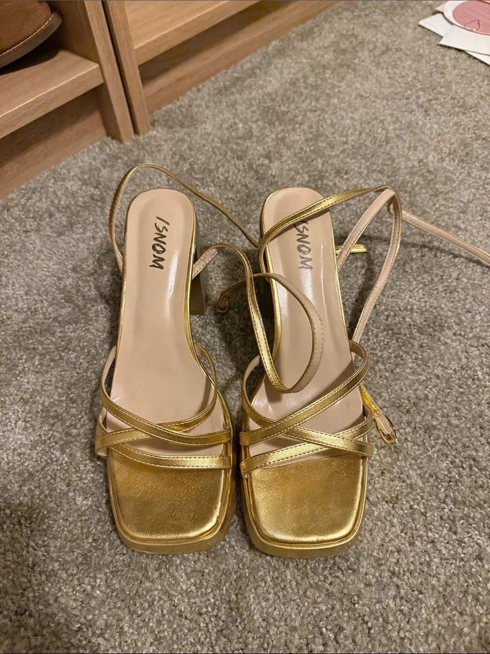Gold Platform Block Heel Sandals with Ankle Strap